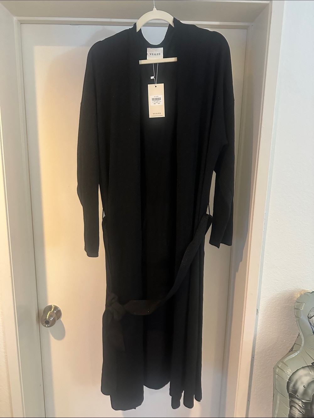 Black Long Knit Maxi Cardigan with Belt